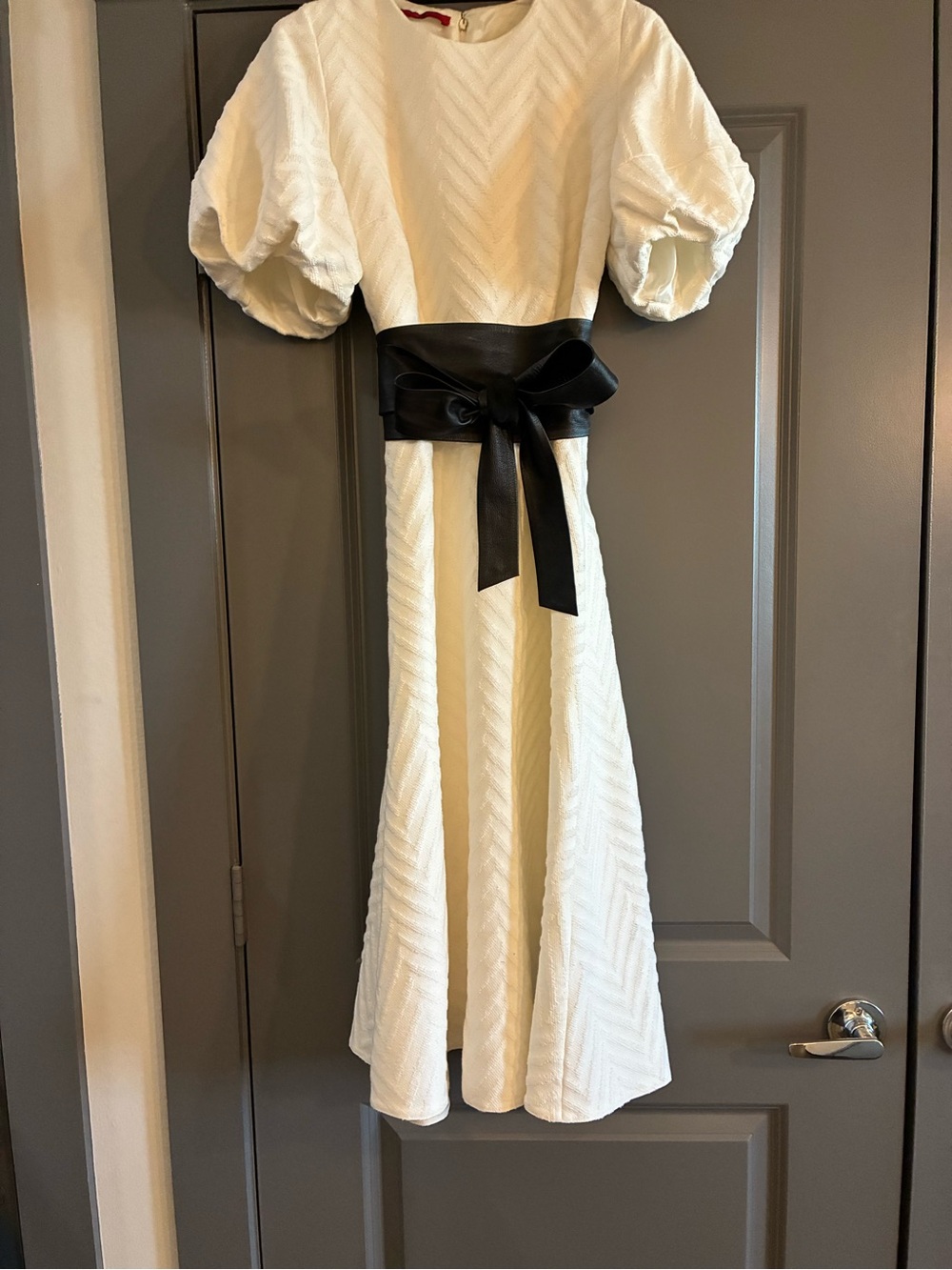 CH Carolina Herrera White/Cream Midi Dress with Black Leather Belt Added